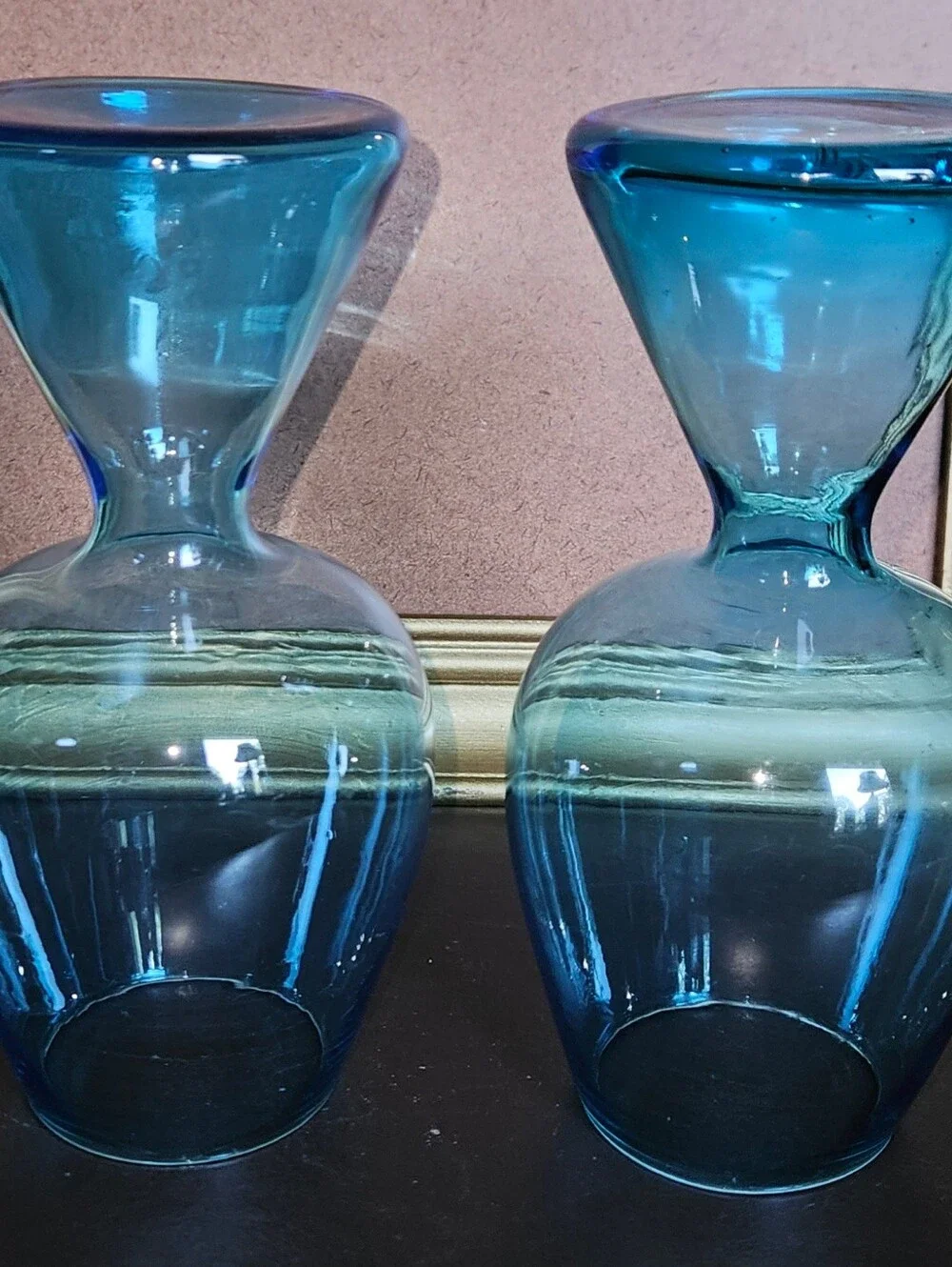 2 Vintage Mid-Century Modern Empoli art Glass Goblets or Vases Turquoise Blue